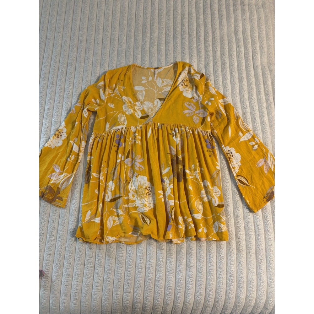 Free People Bella long sleeve blouse Top XS Yellow Floral Babydoll Boho fall